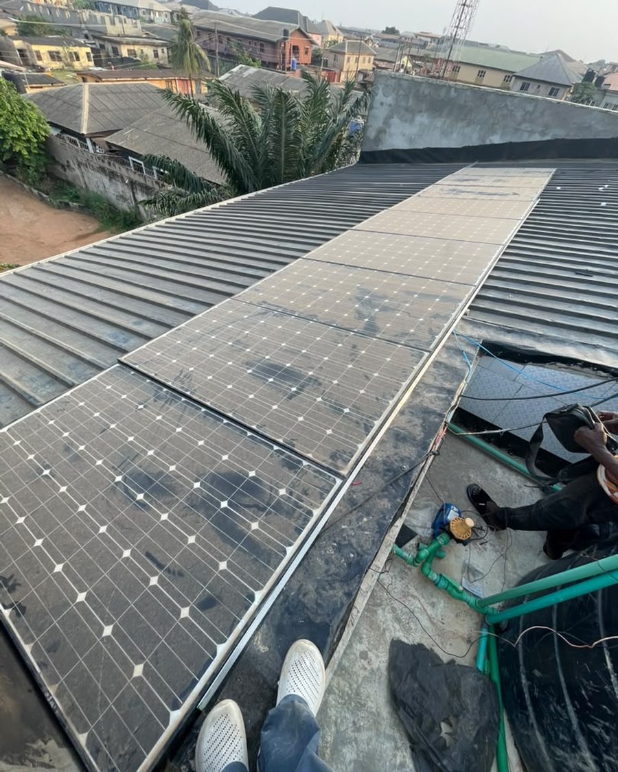 A completed rooftop solar array on a residential building.
